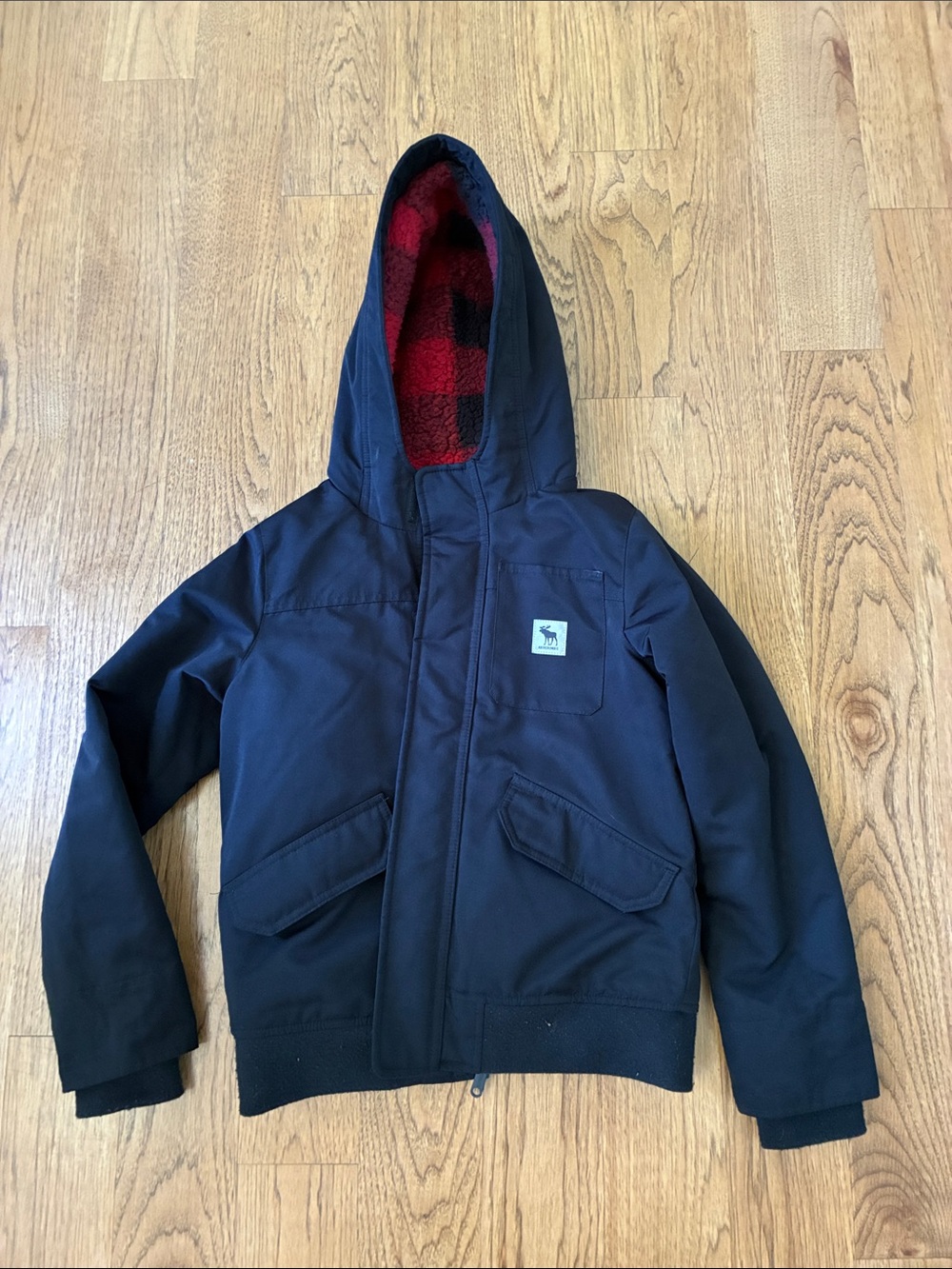 Abercrombie & Fitch Navy Kids Hooded Jacket with Red Plaid Lining